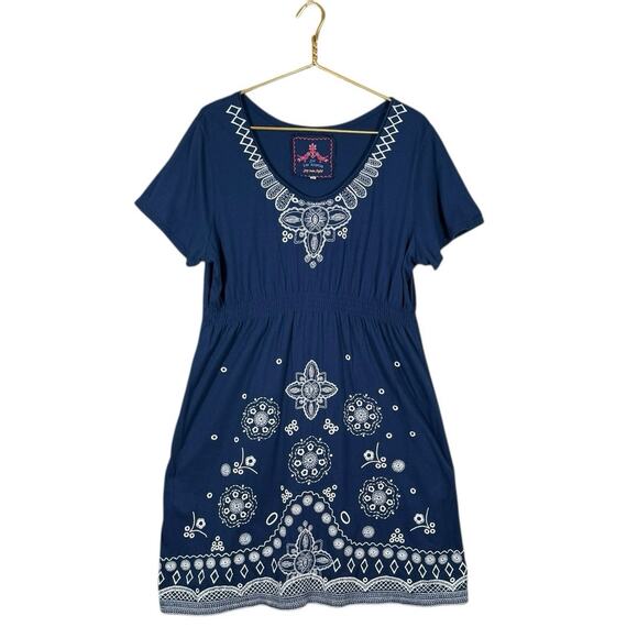 JW Los Angeles Blue Embroidered Cotton Boho Dress | Short Sleeve Tunic | XL - Picture 9 of 10